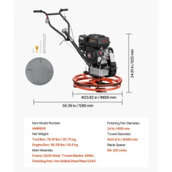 VEVOR Power Trowel, 24 inch Concrete Finishing Machine with Float Pan, 5.5HP Engine, 4 Blades, Adjustable Pitch, Gas-Powered Walk-Behind Cement Surface Finisher for Smooth Floors, Construction Use
