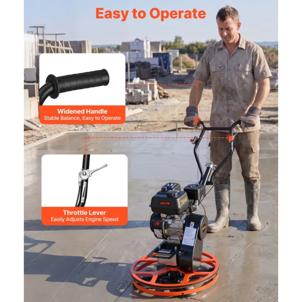 VEVOR Power Trowel, 24 inch Concrete Finishing Machine with Float Pan, 5.5HP Engine, 4 Blades, Adjustable Pitch, Gas-Powered Walk-Behind Cement Surface Finisher for Smooth Floors, Construction Use