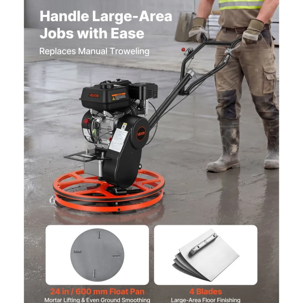 VEVOR Power Trowel, 24 inch Concrete Finishing Machine with Float Pan, 5.5HP Engine, 4 Blades, Adjustable Pitch, Gas-Powered Walk-Behind Cement Surface Finisher for Smooth Floors, Construction Use