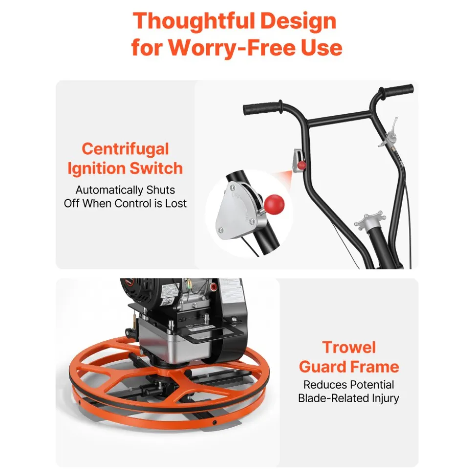 VEVOR Power Trowel, 24 inch Concrete Finishing Machine with Float Pan, 5.5HP Engine, 4 Blades, Adjustable Pitch, Gas-Powered Walk-Behind Cement Surface Finisher for Smooth Floors, Construction Use
