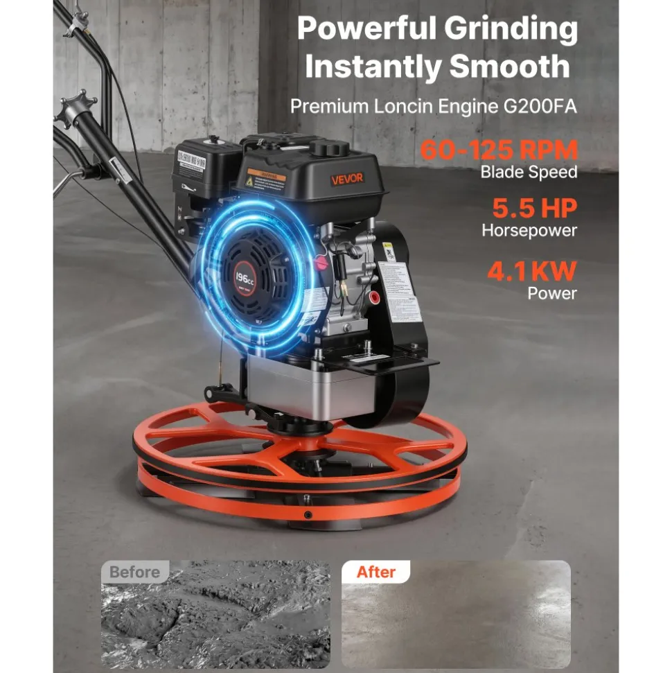 VEVOR Power Trowel, 24 inch Concrete Finishing Machine with Float Pan, 5.5HP Engine, 4 Blades, Adjustable Pitch, Gas-Powered Walk-Behind Cement Surface Finisher for Smooth Floors, Construction Use