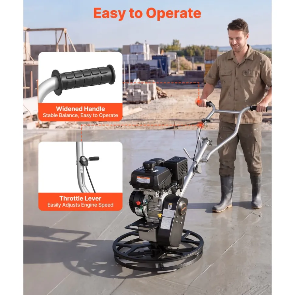 VEVOR Power Trowel, 24 inch Concrete Finishing Machine with Float Pan, 7HP Kohler Engine, 4 Blades, Adjustable Pitch, Gas-Powered Walk-Behind Cement Surface Finisher for Smooth Floors, Construction
