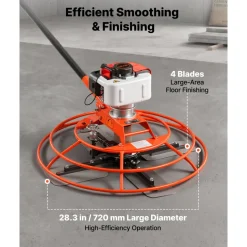 VEVOR Power Trowel, 28.3 inch Trowel Diameter Concrete Finishing Machine, 4 Blades, Adjustable 0-12° Pitch, Gas-Powered Walk-Behind Cement Surface Finisher for Smooth Floors, Bridge Construction