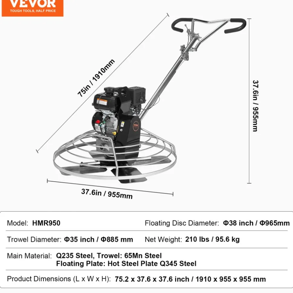 VEVOR Power Trowel, 38” Walk-Behind Cement Trowel with Float Pan, 6HP Gas-Powered Smooth Concrete Surface Finisher, Heavy Duty Commercial Screed Concrete Cement with Finishing Blade, Orange