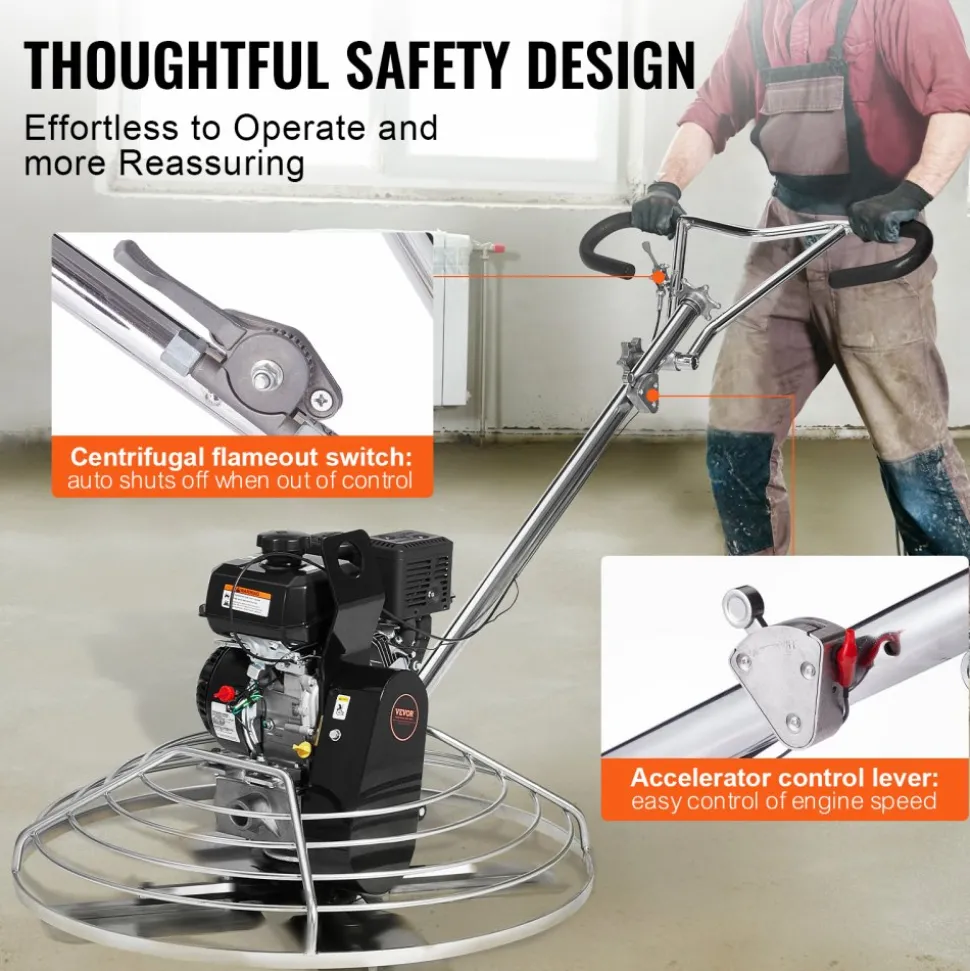VEVOR Power Trowel, 38” Walk-Behind Cement Trowel with Float Pan, 6HP Gas-Powered Smooth Concrete Surface Finisher, Heavy Duty Commercial Screed Concrete Cement with Finishing Blade, Orange
