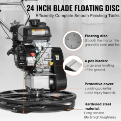 VEVOR Power Trowel, 24” Walk-Behind Cement Trowel with Float Pan, 6HP Gas-Powered Smooth Concrete Surface Finisher, Heavy Duty Commercial Screed Concrete Cement with Finishing Blade, Orange