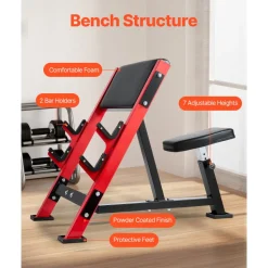 VEVOR Preacher Curl Bench, Strength Training Benches, Max load 660 LBS Home Gym Fitness Equipment, Seated Arm Isolated Barbell Dumbbell Bicep Station, Adjustable Weight Bench with Bar Holders