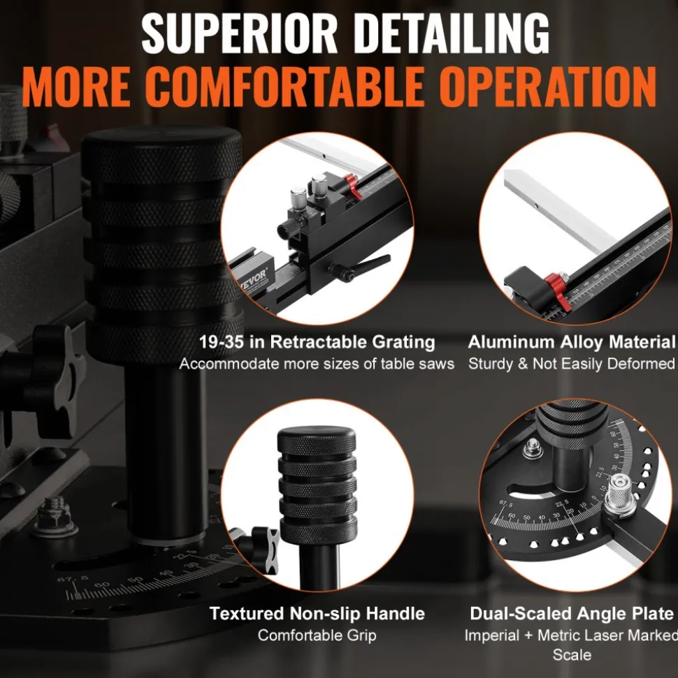 VEVOR Precision Miter Gauge, Standard Slot 3/4'' x 3/8'', Aluminum Alloy Table Saw Miter Gauge with 19-35 in Grating 15 Angle Stops Adjustable Spring Loaded Plunger and Removable Disc, for Woodworking