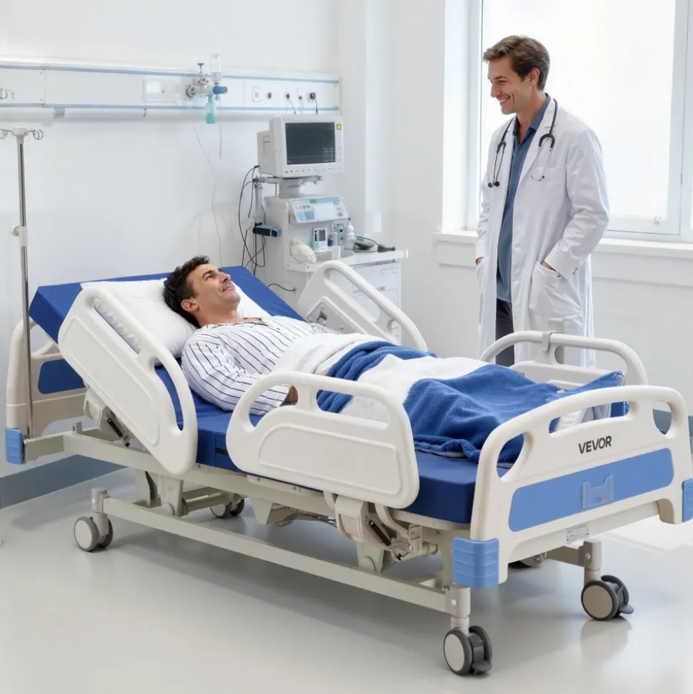 VEVOR Premium 5 Function Full Electric Hospital Bed, ICU Electric Medical Bed with Trendelenburg & Reverse Trendelenburg, 5" Locking Casters & High-Density Mattress for Home Hospital, 550LBS Loading