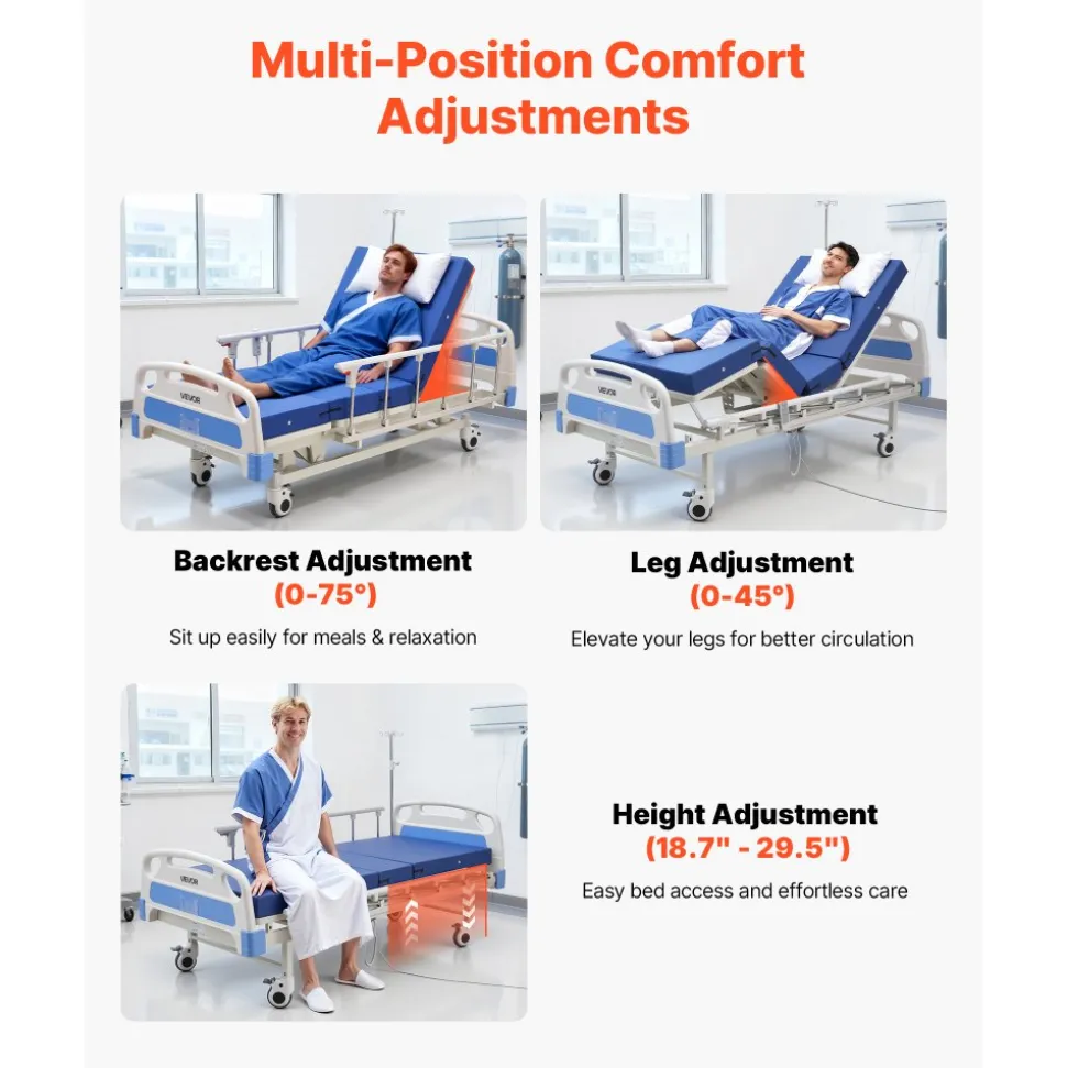 VEVOR Premium 3 Function Full Electric Hospital Bed, ICU Electric Medical Bed with Backrest, Legrest & Height Adjustment, 5" Locking Casters, High-Density Mattress for Home Hospital, 550LBS Loading