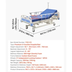VEVOR Premium 3 Function Full Electric Hospital Bed, ICU Electric Medical Bed with Backrest, Legrest & Height Adjustment, 5