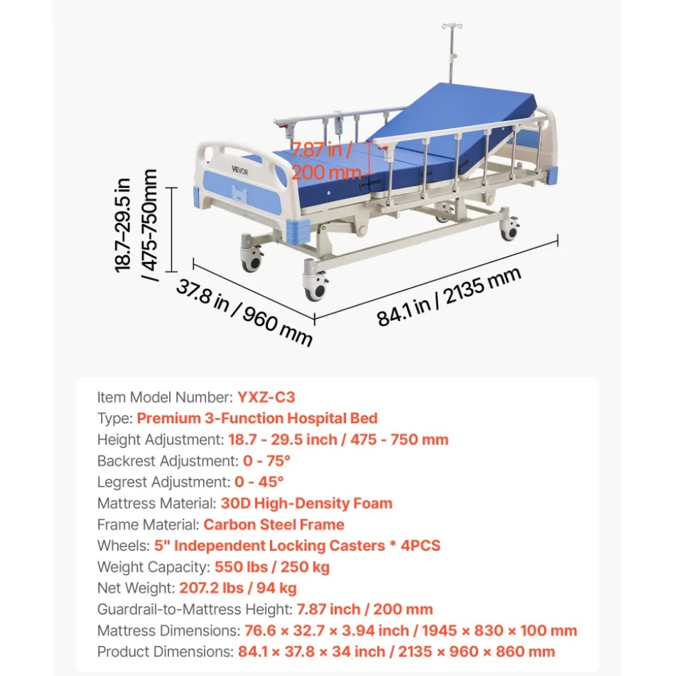 VEVOR Premium 3 Function Full Electric Hospital Bed, ICU Electric Medical Bed with Backrest, Legrest & Height Adjustment, 5" Locking Casters, High-Density Mattress for Home Hospital, 550LBS Loading