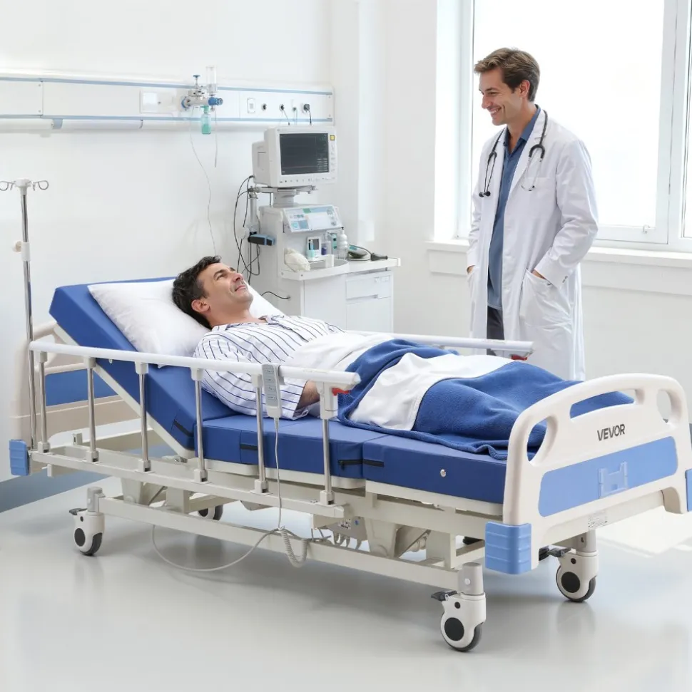 VEVOR Premium 3 Function Full Electric Hospital Bed, ICU Electric Medical Bed with Backrest, Legrest & Height Adjustment, 5" Locking Casters, High-Density Mattress for Home Hospital, 550LBS Loading