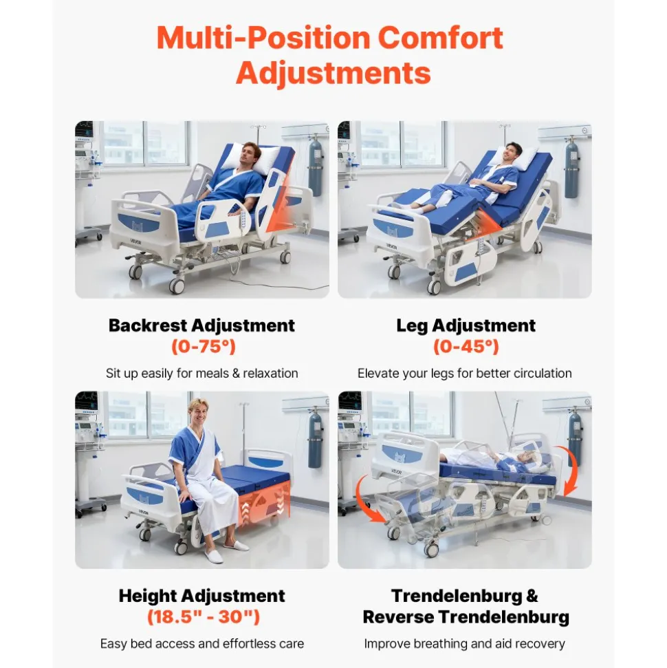 VEVOR Premium 5 Function Full Electric Hospital Bed, ICU Electric Medical Bed with Trendelenburg & Reverse Trendelenburg and Central Locking System with 5" Casters for Home Hospital, 550LBS Loading