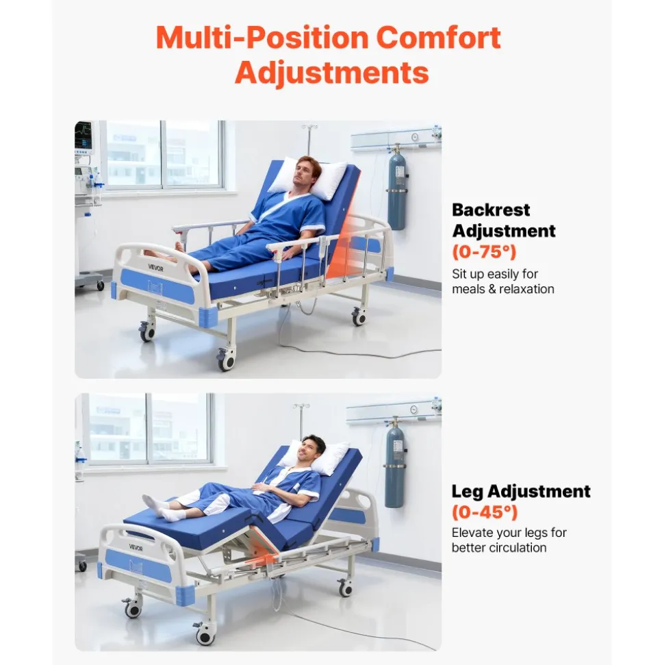 VEVOR Premium 2 Function Full Electric Hospital Bed, ICU Electric Medical Bed with Backrest & Legrest Adjustment, 5" Locking Casters, High-Density Foam Mattress for Home Hospital, 550LBS Loading