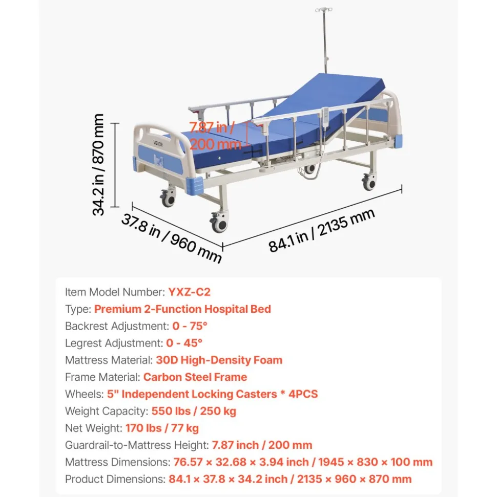VEVOR Premium 2 Function Full Electric Hospital Bed, ICU Electric Medical Bed with Backrest & Legrest Adjustment, 5" Locking Casters, High-Density Foam Mattress for Home Hospital, 550LBS Loading