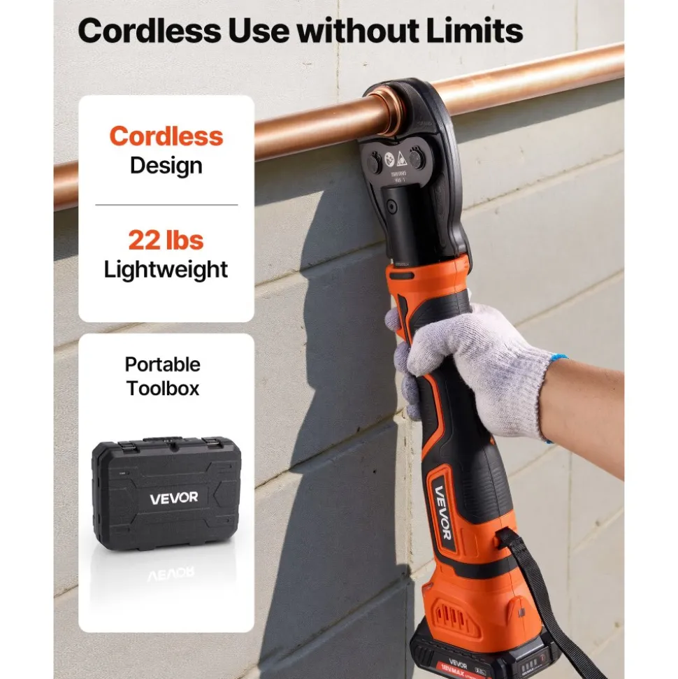 VEVOR Press Tool Kit, 18V Electric Pipe Crimping Tool for 1/2", 3/4", 1" Copper Tubes, 24KN Press Tool Compatible with ProPress - with 3 VUS Jaws, 2pcs 2AH Batteries, Fast Charger & Carrying Case