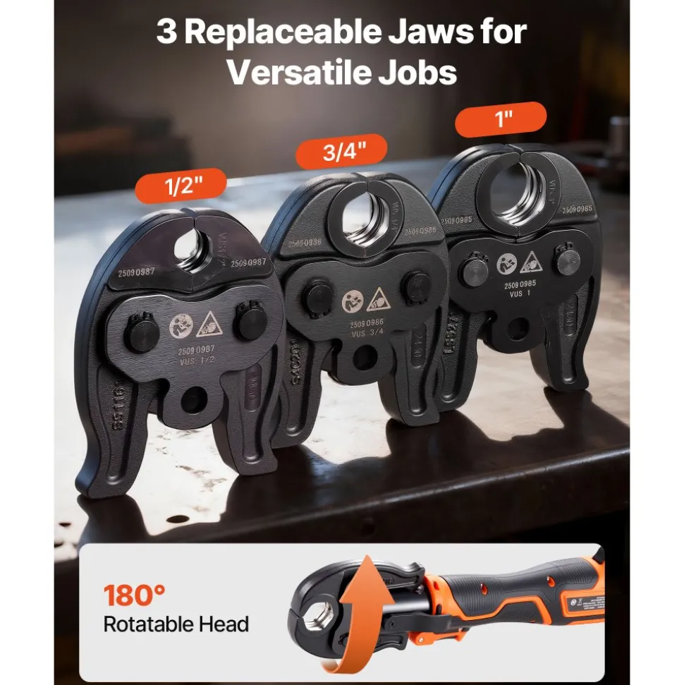 VEVOR Press Tool Kit, 18V Electric Pipe Crimping Tool for 1/2", 3/4", 1" Copper Tubes, 24KN Press Tool Compatible with ProPress - with 3 VUS Jaws, 2pcs 2AH Batteries, Fast Charger & Carrying Case
