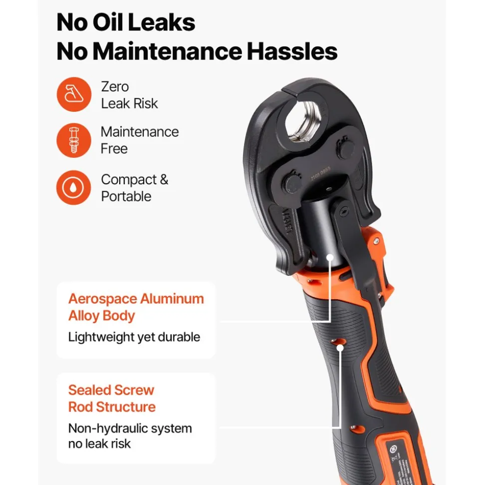 VEVOR Press Tool Kit, 18V Electric Pipe Crimping Tool for 1/2", 3/4", 1" Copper Tubes, 24KN Press Tool Compatible with ProPress - with 3 VUS Jaws, 2pcs 2AH Batteries, Fast Charger & Carrying Case