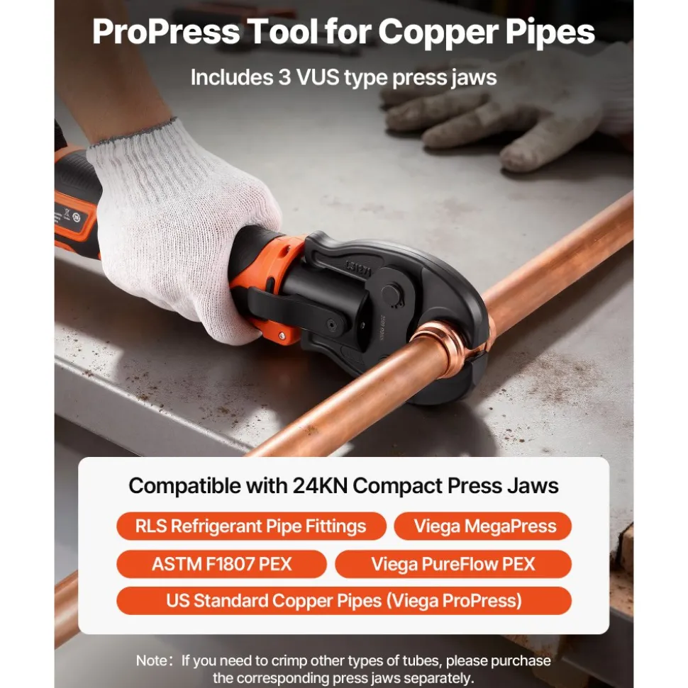 VEVOR Press Tool Kit, 18V Electric Pipe Crimping Tool for 1/2", 3/4", 1" Copper Tubes, 24KN Press Tool Compatible with ProPress - with 3 VUS Jaws, 2pcs 2AH Batteries, Fast Charger & Carrying Case