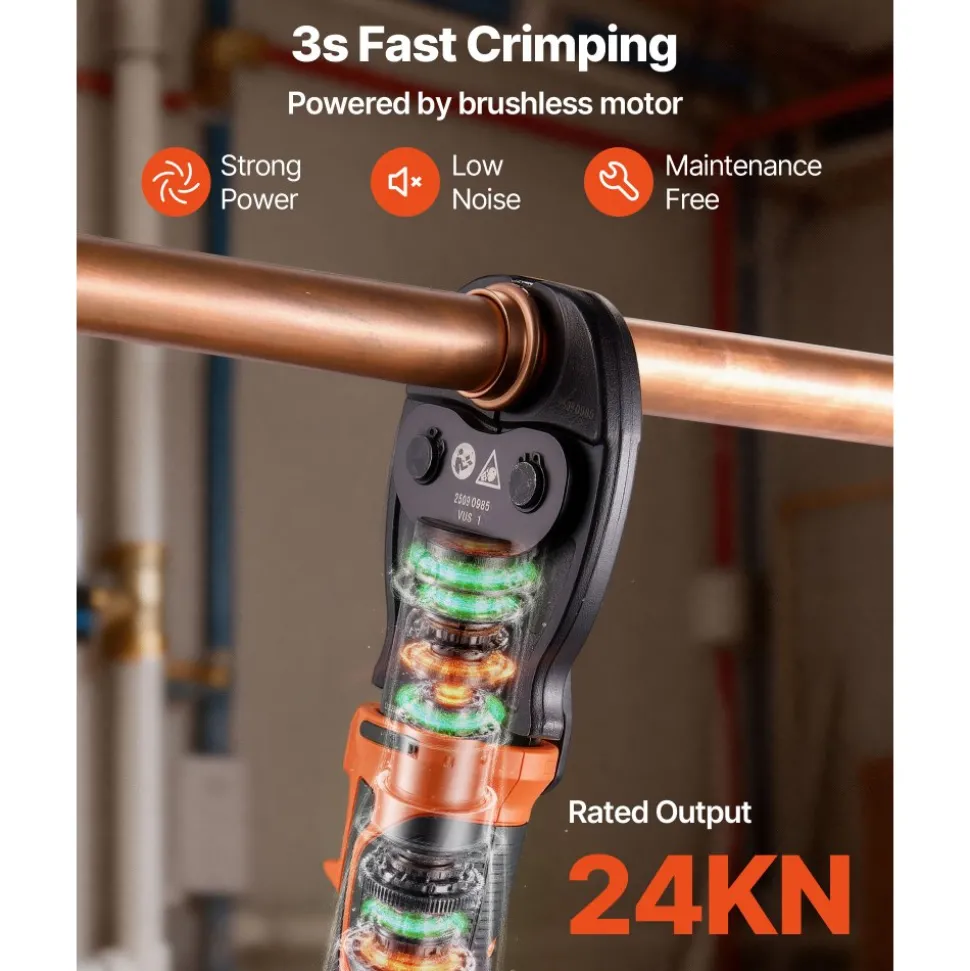 VEVOR Press Tool Kit, 18V Electric Pipe Crimping Tool for 1/2", 3/4", 1" Copper Tubes, 24KN Press Tool Compatible with ProPress - with 3 VUS Jaws, 2pcs 2AH Batteries, Fast Charger & Carrying Case