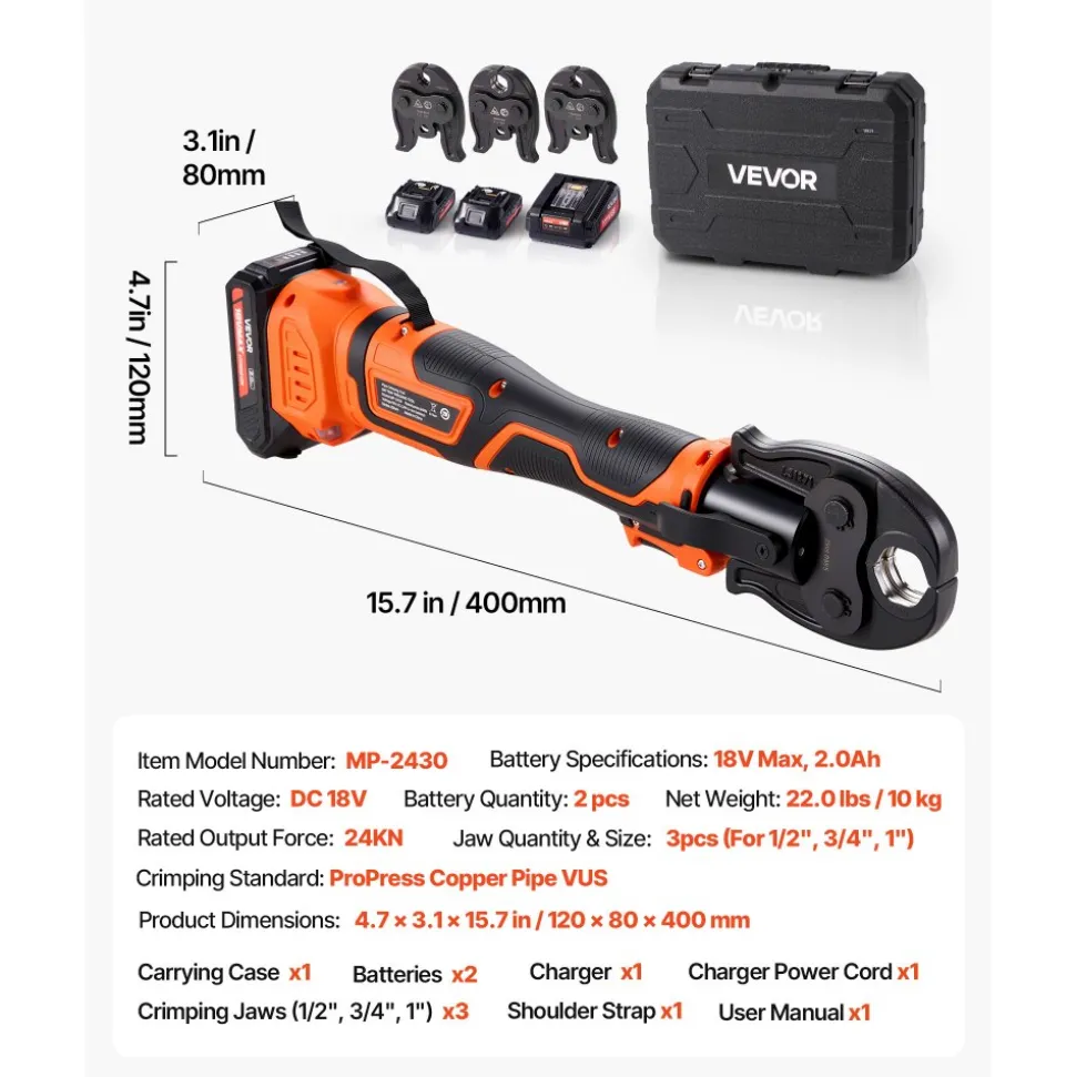 VEVOR Press Tool Kit, 18V Electric Pipe Crimping Tool for 1/2", 3/4", 1" Copper Tubes, 24KN Press Tool Compatible with ProPress - with 3 VUS Jaws, 2pcs 2AH Batteries, Fast Charger & Carrying Case