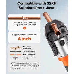 VEVOR Press Tool, 18V Electric Crimping Tool for 1/2", 3/4", 1", 1-1/4", 1-1/2", 2" Copper Pipes, 32KN Press Tool Compatible with ProPress - with 6 VUS Jaws, 2PCS 4AH Batteries, Charger & Toolbox