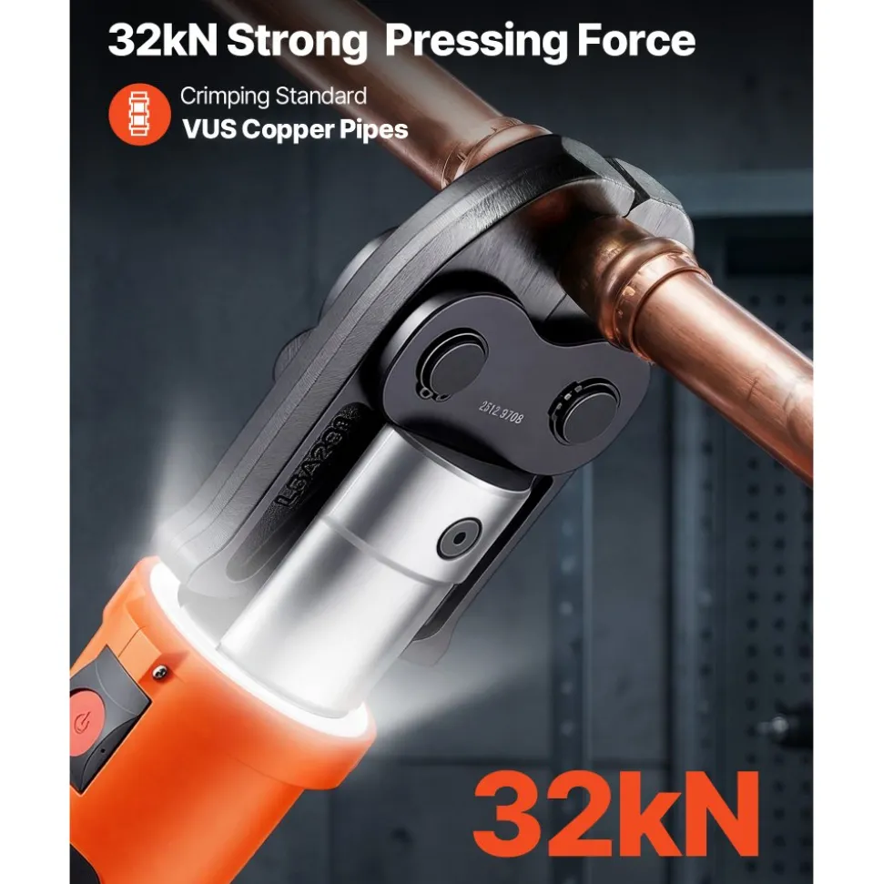 VEVOR Press Tool, 18V Electric Crimping Tool for 1/2", 3/4", 1", 1-1/4", 1-1/2", 2" Copper Pipes, 32KN Press Tool Compatible with ProPress - with 6 VUS Jaws, 2PCS 4AH Batteries, Charger & Toolbox