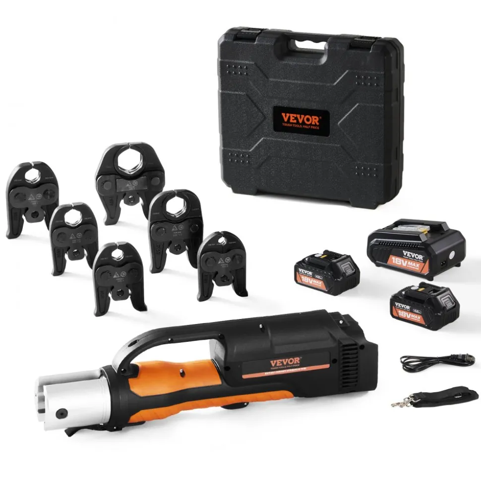 VEVOR Press Tool, 18V Electric Pipe Crimping Tool for 1/2" to 2" Copper Pipes, 32KN Press Tool Kit Compatible with ProPress - with 6 VUS Press Jaws, 2pcs 4AH Battery, Fast Charger & Carrying Case