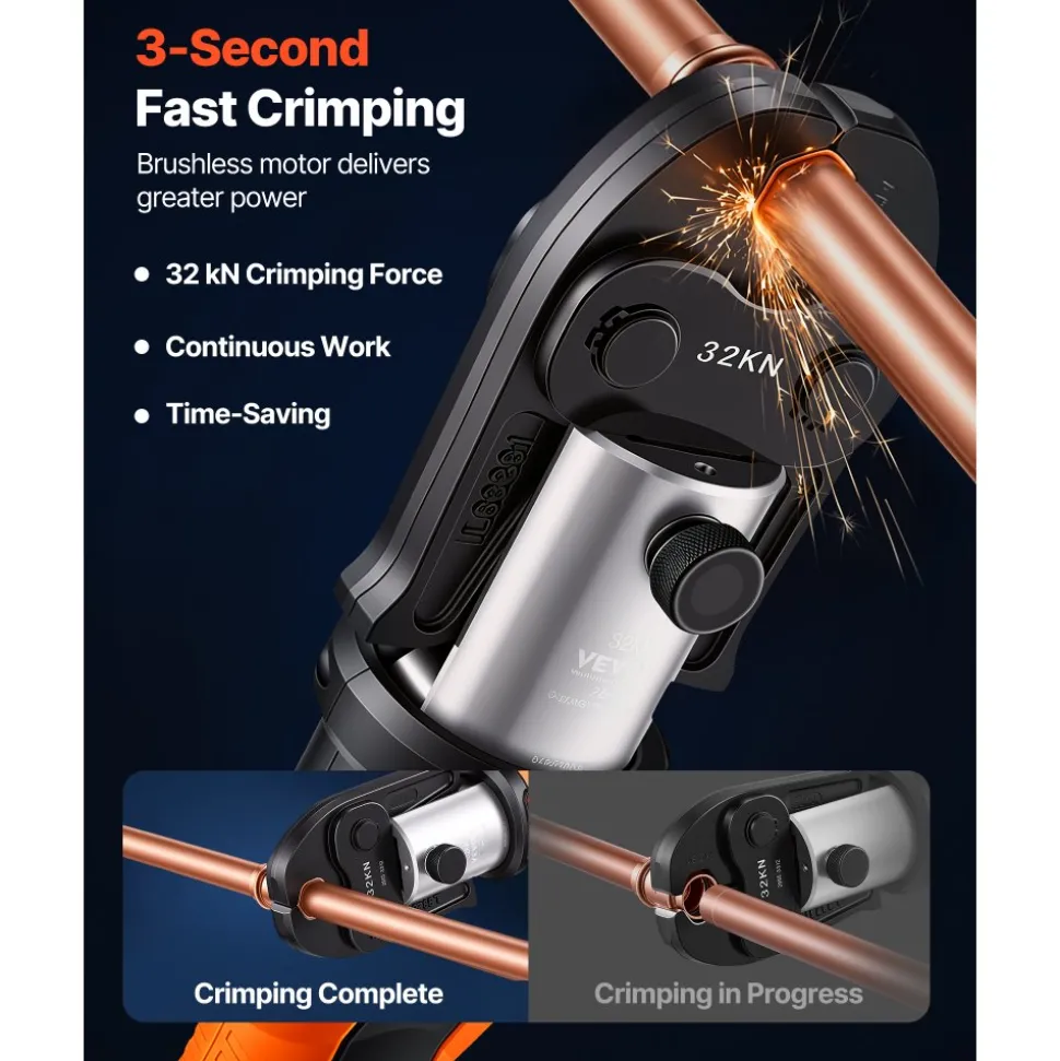 VEVOR Press Tool, 18V Electric Pipe Crimping Tool for 1/2”, 3/4”, 1”, 1 1/4", 1 1/2", 2" Copper Pipes, 32KN Press Tool Kit Compatible with ProPress - with Brushless Motor, 6 VUS Jaws, 2pcs 4AH Battery