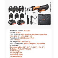 VEVOR Press Tool, 18V Electric Pipe Crimping Tool for 1/2”, 3/4”, 1”, 1 1/4