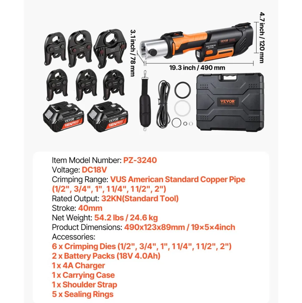 VEVOR Press Tool, 18V Electric Pipe Crimping Tool for 1/2”, 3/4”, 1”, 1 1/4", 1 1/2", 2" Copper Pipes, 32KN Press Tool Kit Compatible with ProPress - with Brushless Motor, 6 VUS Jaws, 2pcs 4AH Battery