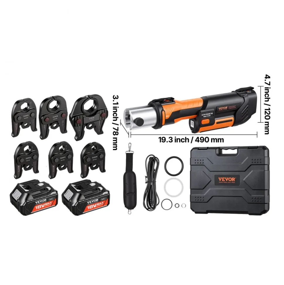 VEVOR Press Tool, 18V Electric Pipe Crimping Tool for 1/2”, 3/4”, 1”, 1 1/4", 1 1/2", 2" Copper Pipes, 32KN Press Tool Kit Compatible with ProPress - with Brushless Motor, 6 VUS Jaws, 2pcs 4AH Battery