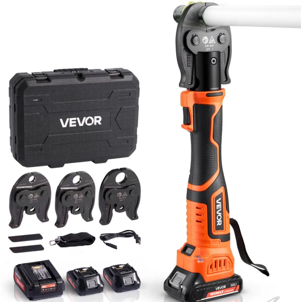 VEVOR Press Tool, 18V Electric Pipe Crimping Tool for 1/2" 3/4" 1" PEX Pipe Stainless Steel Rings, 24KN PEX Press Tool Compatible with PureFlow - with 3 VPF Jaws, 2pcs 2AH Batteries, Charger & Toolbox