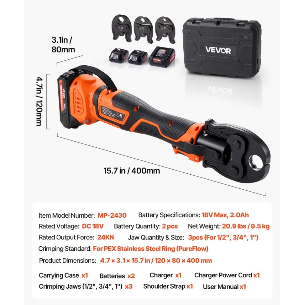 VEVOR Press Tool, 18V Electric Pipe Crimping Tool for 1/2" 3/4" 1" PEX Pipe Stainless Steel Rings, 24KN PEX Press Tool Compatible with PureFlow - with 3 VPF Jaws, 2pcs 2AH Batteries, Charger & Toolbox