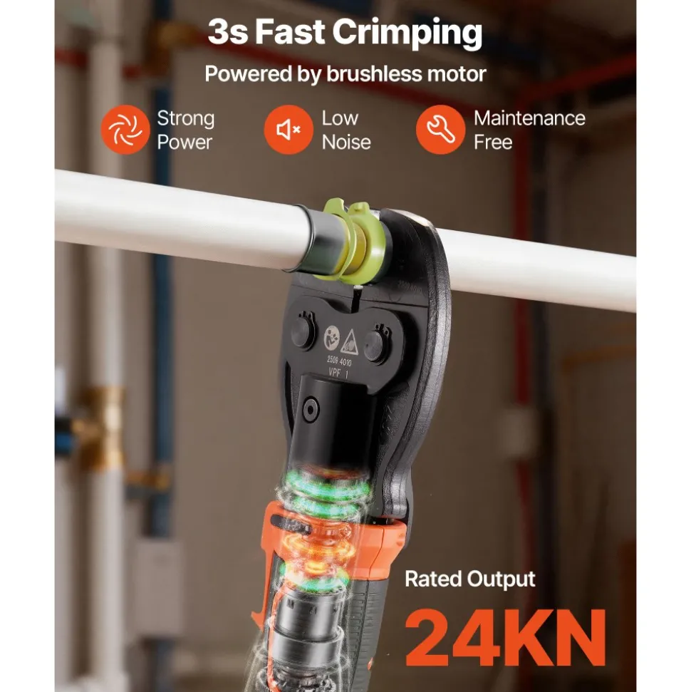 VEVOR Press Tool, 18V Electric Pipe Crimping Tool for 1/2" 3/4" 1" PEX Pipe Stainless Steel Rings, 24KN PEX Press Tool Compatible with PureFlow - with 3 VPF Jaws, 2pcs 2AH Batteries, Charger & Toolbox