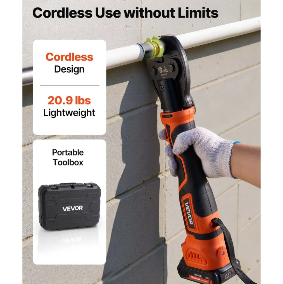 VEVOR Press Tool, 18V Electric Pipe Crimping Tool for 1/2" 3/4" 1" PEX Pipe Stainless Steel Rings, 24KN PEX Press Tool Compatible with PureFlow - with 3 VPF Jaws, 2pcs 2AH Batteries, Charger & Toolbox