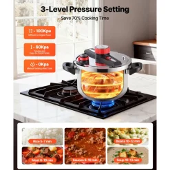 VEVOR Pressure Cooker, 10Qt Pressure Cooker Stainless Steel, Pressures Canner with Steaming Rack, Tempered Glass Lid, Three Pressures Settings for Meat, Beans, Rice, Soup, Sauces, Cook up to 100 kPa