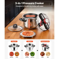 VEVOR Pressure Cooker, 6.3Qt Pressure Cooker Stainless Steel, Pressures Canner with Steaming Rack, Tempered Glass Lid, Three Pressures Settings for Meat, Beans, Rice, Soup, Sauces, Cook up to 100 kPa