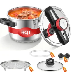 VEVOR Pressure Cooker, 6.3Qt Pressure Cooker Stainless Steel, Pressures Canner with Steaming Rack, Tempered Glass Lid, Three Pressures Settings for Meat, Beans, Rice, Soup, Sauces, Cook up to 100 kPa