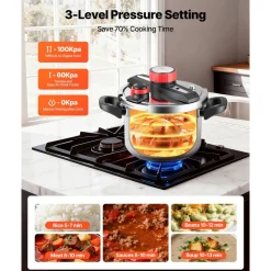 VEVOR Pressure Cooker, 6.3Qt Pressure Cooker Stainless Steel, Pressures Canner with Steaming Rack, Tempered Glass Lid, Three Pressures Settings for Meat, Beans, Rice, Soup, Sauces, Cook up to 100 kPa