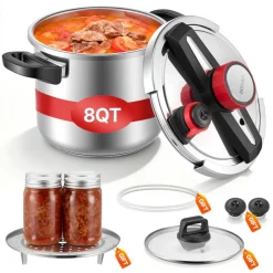 VEVOR Pressure Cooker, 8Qt Pressure Cooker Stainless Steel, Pressures Canner with Steaming Rack, Tempered Glass Lid, Three Pressures Settings for Meat, Beans, Rice, Soup, Sauces, Cook up to 100 kPa