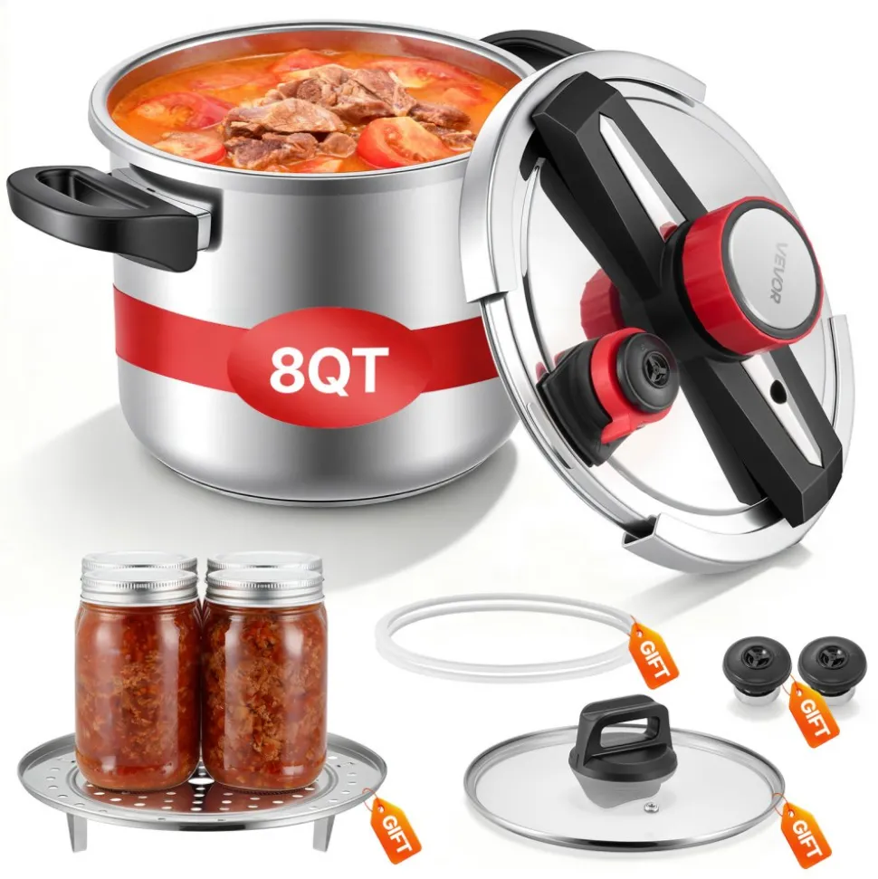VEVOR Pressure Cooker, 8Qt Pressure Cooker Stainless Steel, Pressures Canner with Steaming Rack, Tempered Glass Lid, Three Pressures Settings for Meat, Beans, Rice, Soup, Sauces, Cook up to 100 kPa