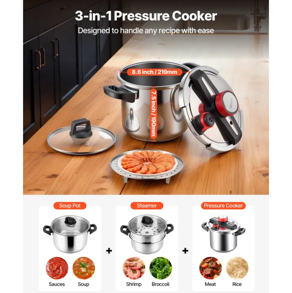 VEVOR Pressure Cooker, 8Qt Pressure Cooker Stainless Steel, Pressures Canner with Steaming Rack, Tempered Glass Lid, Three Pressures Settings for Meat, Beans, Rice, Soup, Sauces, Cook up to 100 kPa