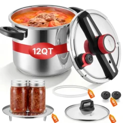 VEVOR Pressure Cooker, 12Qt Pressure Cooker Stainless Steel, Pressures Canner with Steaming Rack, Tempered Glass Lid, Three Pressures Settings for Meat, Beans, Rice, Soup, Sauces, Cook up to 100 kPa