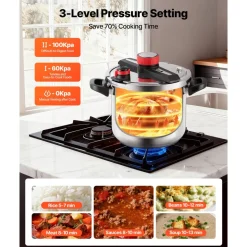 VEVOR Pressure Cooker, 12Qt Pressure Cooker Stainless Steel, Pressures Canner with Steaming Rack, Tempered Glass Lid, Three Pressures Settings for Meat, Beans, Rice, Soup, Sauces, Cook up to 100 kPa