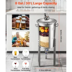 VEVOR Pressure Fermenter 15 PSI, 8 Gal/30L All-in-One Stainless Steel Conical Secondary Fermentation Bucket, for Wine, Beer Brewing Equipment