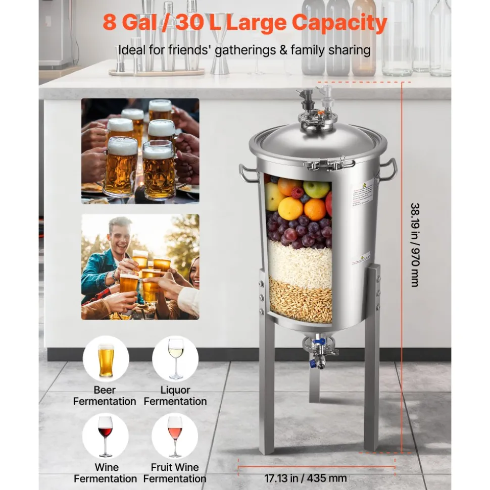 VEVOR Pressure Fermenter 15 PSI, 8 Gal/30L All-in-One Stainless Steel Conical Secondary Fermentation Bucket, for Wine, Beer Brewing Equipment