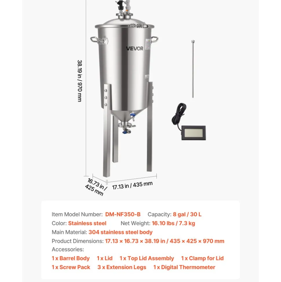 VEVOR Pressure Fermenter 15 PSI, 8 Gal/30L All-in-One Stainless Steel Conical Secondary Fermentation Bucket, for Wine, Beer Brewing Equipment