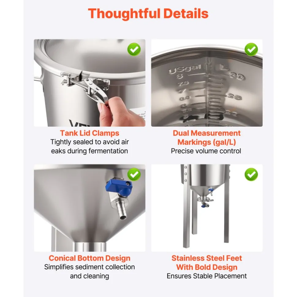 VEVOR Pressure Fermenter 15 PSI, 8 Gal/30L All-in-One Stainless Steel Conical Secondary Fermentation Bucket, for Wine, Beer Brewing Equipment